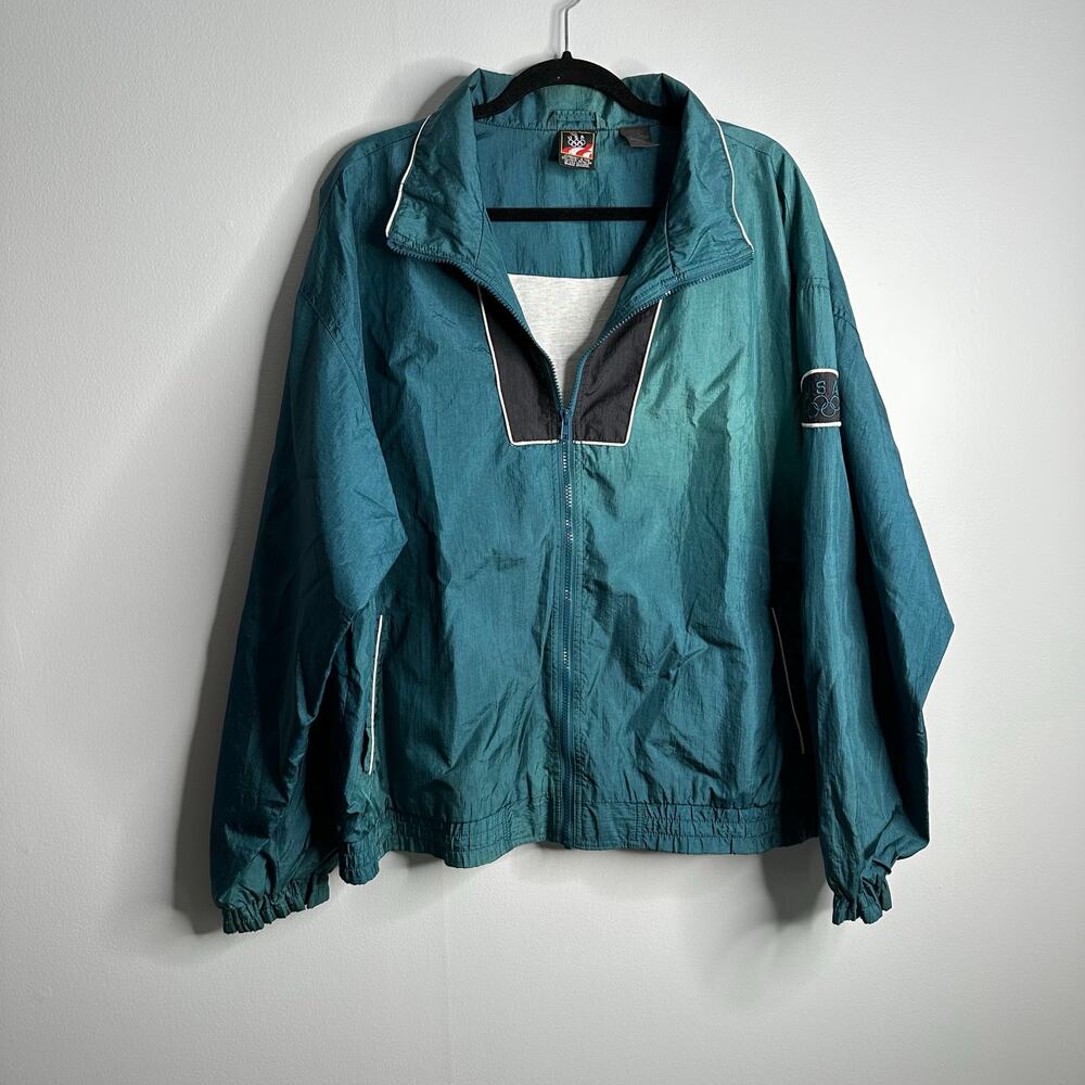 USA‎ Olympic Windbreaker Mens XL Teal Vintage Full Zip Embroidered Logo Jacket